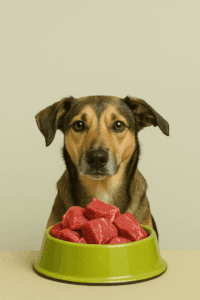 Tricolor-Hund sitzt vor einem grünen Napf mit rohem Fleisch – Symbolbild für gesunde Ernährung für den Hund und artgerechte Fütterung.
