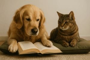 Golden Retriever liest in einem Buch neben einer Katze – Symbolbild für Bücher zur artgerechten Ernährung von Hund und Katze.